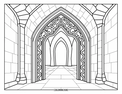 Disegno horror da colorare per bambini: Un elaborato arco gotico adornato di viti vorticose conduce a un rifugio sotterraneo segreto