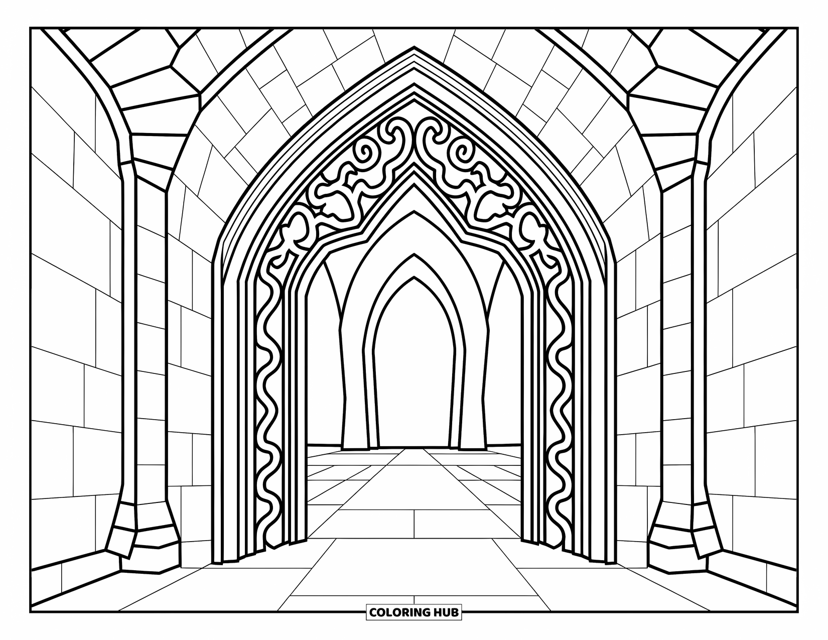 Horror Coloring Page for Kids: An intricate gothic archway adorned with swirling vines leads to a secret underground lair