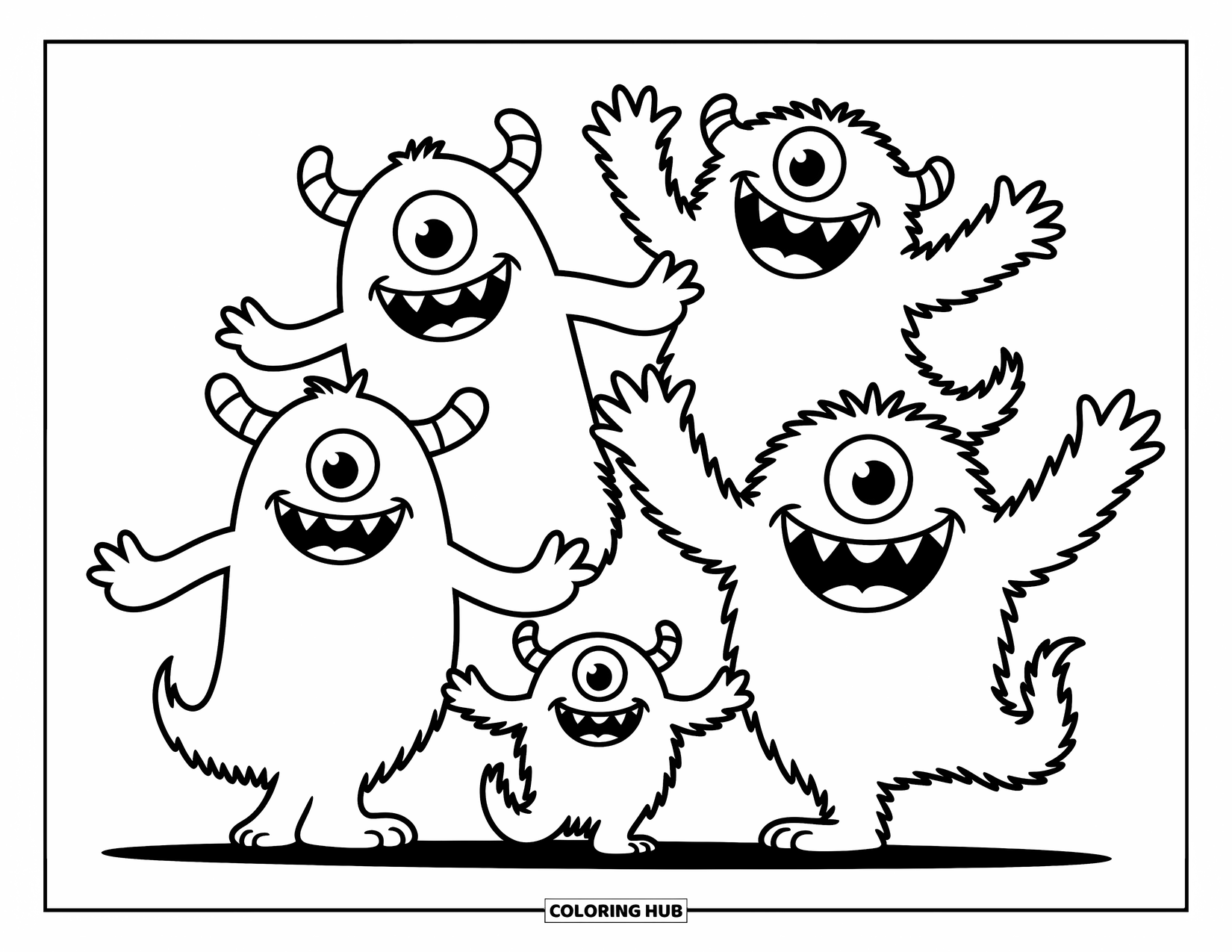 Horror Coloring Page for Kids: Four playful monsters with funny faces stand together, full of cheerful energy