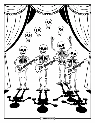 Disegno horror da colorare per bambini: Degli scheletri suonano chitarre e batteria su un palco stregato pieno di luci inquietanti e nebbia