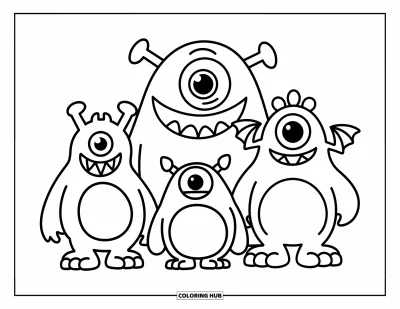 Disegno horror da colorare per bambini: Tre mostri allegri con orecchie flosce e sorrisi buffi giocano insieme felicemente