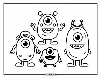 Disegno horror da colorare per bambini: Tre mostri buffi con grandi occhi e sorrisi strambi si mostrano fieri insieme