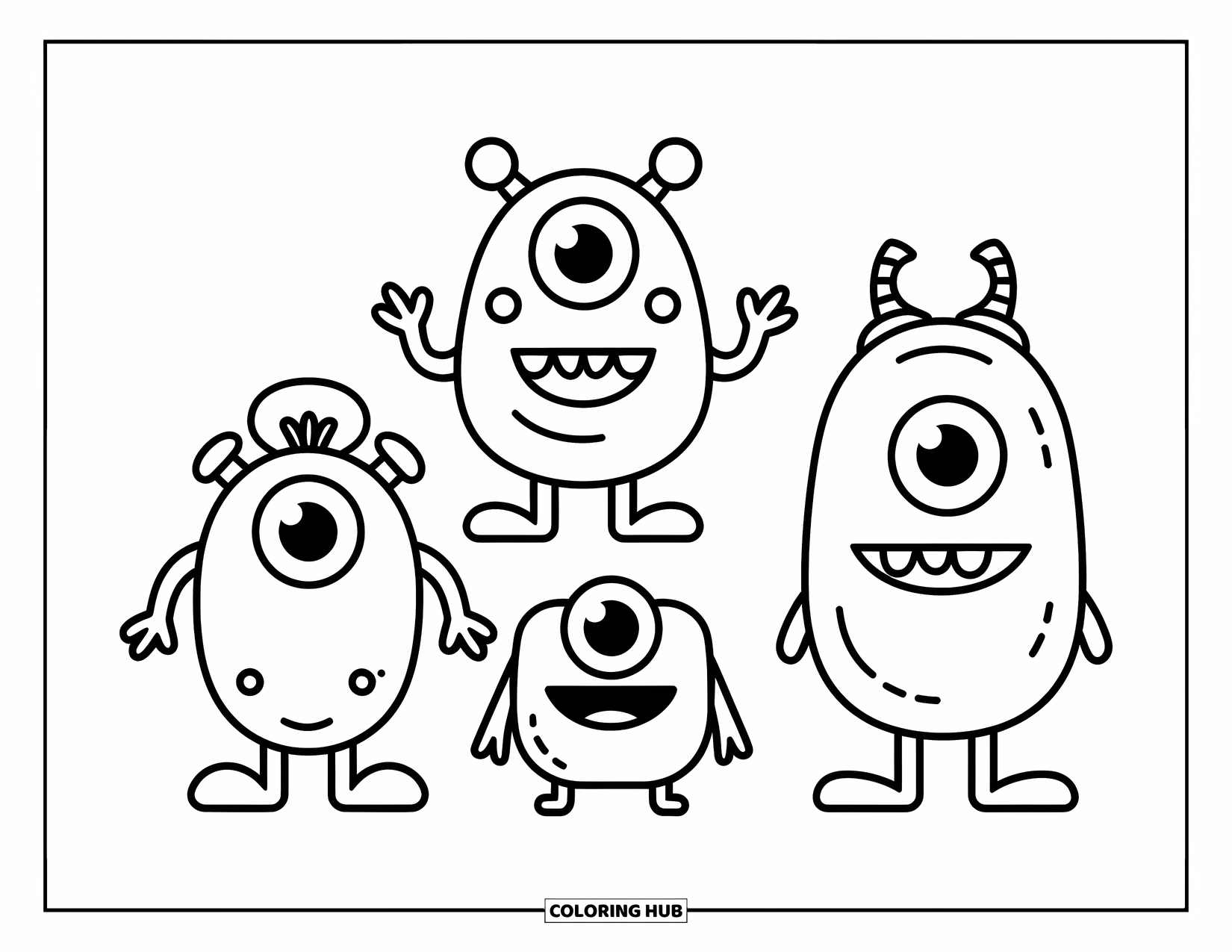 Horror Coloring Page for Kids: Three silly monsters with big eyes and goofy grins stand proudly together