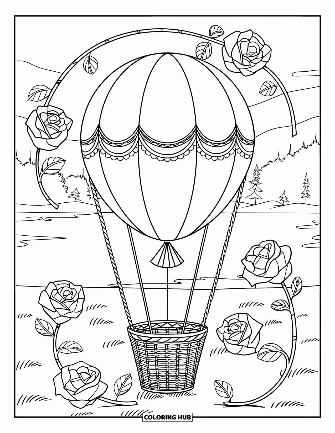 Hot Air Balloon Coloring Page for Adults: A balloon with scalloped trim and braided ropes rests among stained glass roses