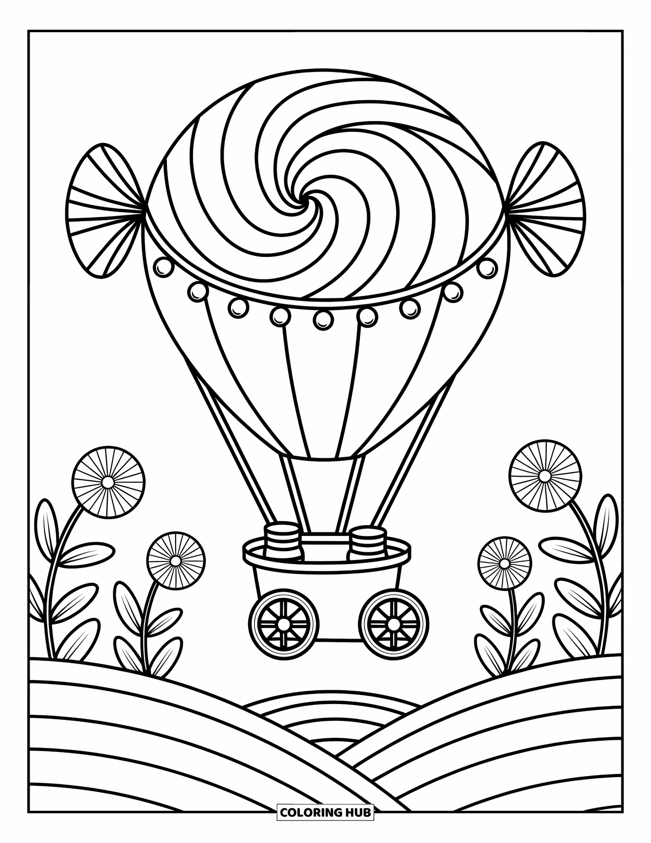 Hot Air Balloon Coloring Page for Adults: A candy-striped balloon floats over soft hills with a jar-filled basket and sweet flowers