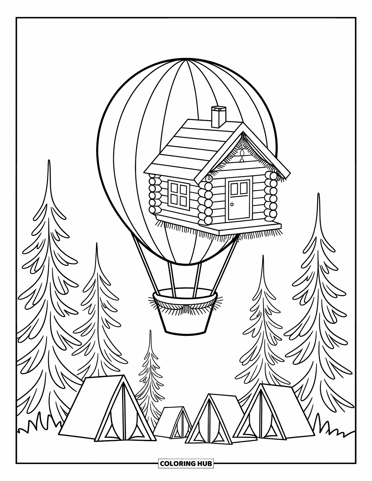 Hot Air Balloon Coloring Page for Adults: A cozy cabin balloon drifts over trees with cabins and tents peeking through below