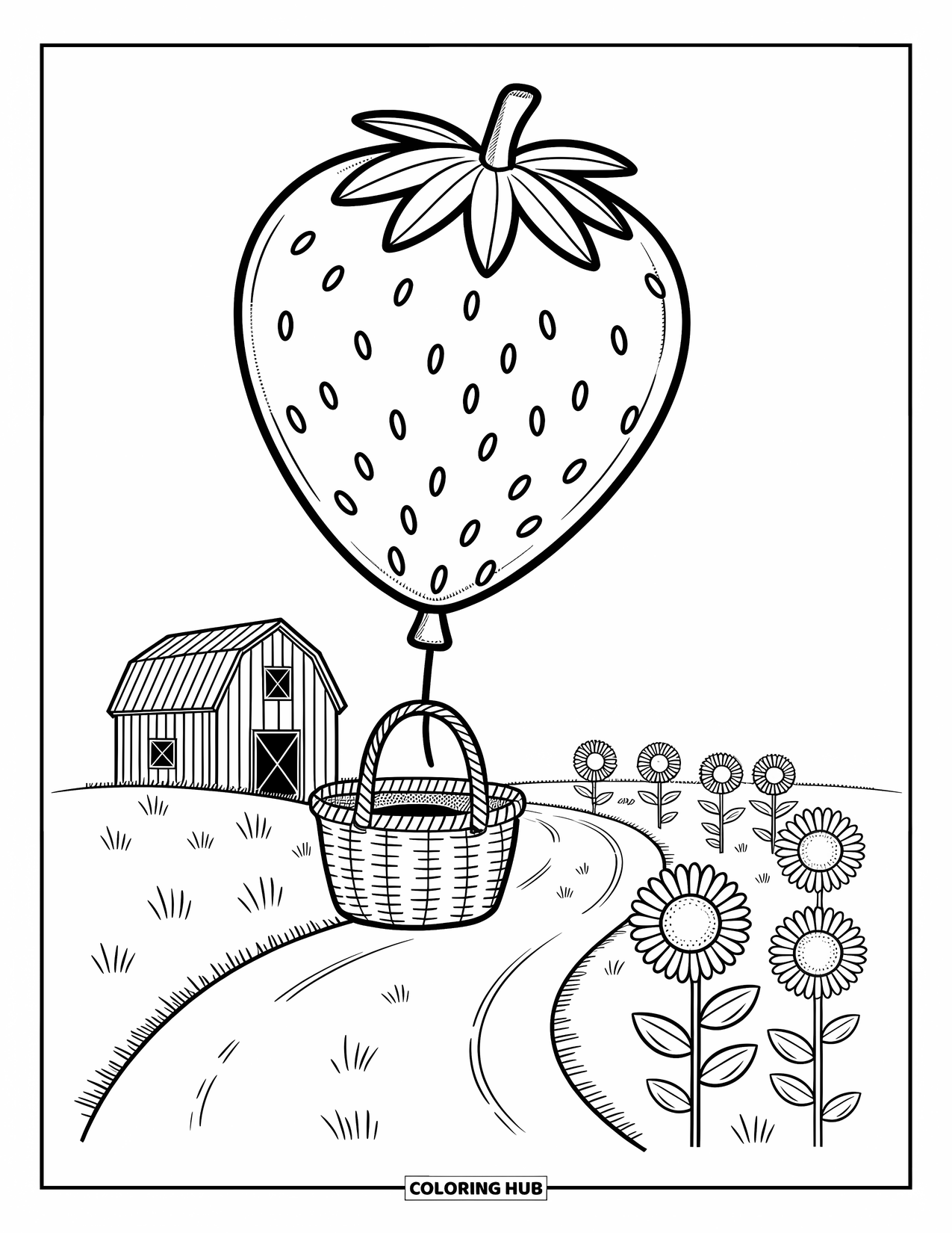 Hot Air Balloon Coloring Page for Adults: A cute strawberry balloon with a woven basket floats above cheerful farmland