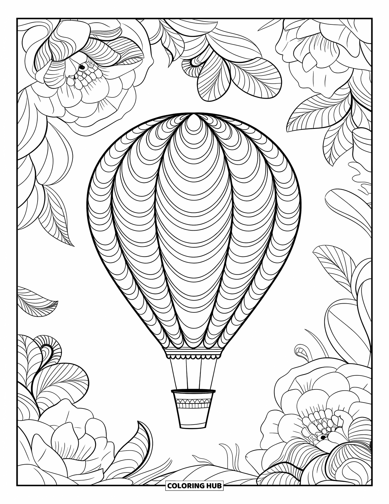 Hot Air Balloon Coloring Page for Adults: A lacy balloon hovers behind a mandala of blooming camellias