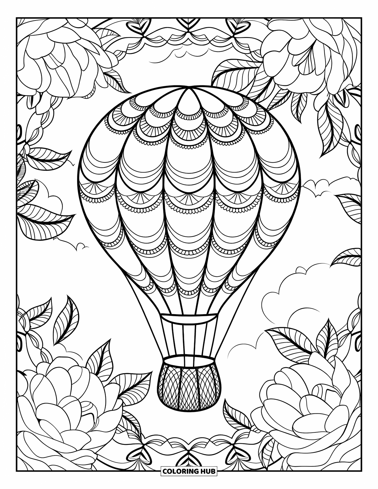 Hot Air Balloon Coloring Page for Adults: A lacy balloon with layered loops floats above a camellia flower mandala