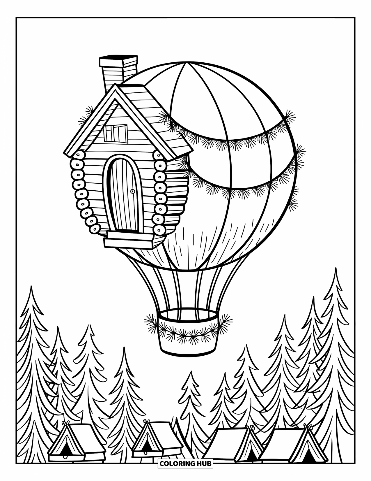 Hot Air Balloon Coloring Page for Adults: A log cabin balloon with pine garlands floats above a forest filled with tiny tents