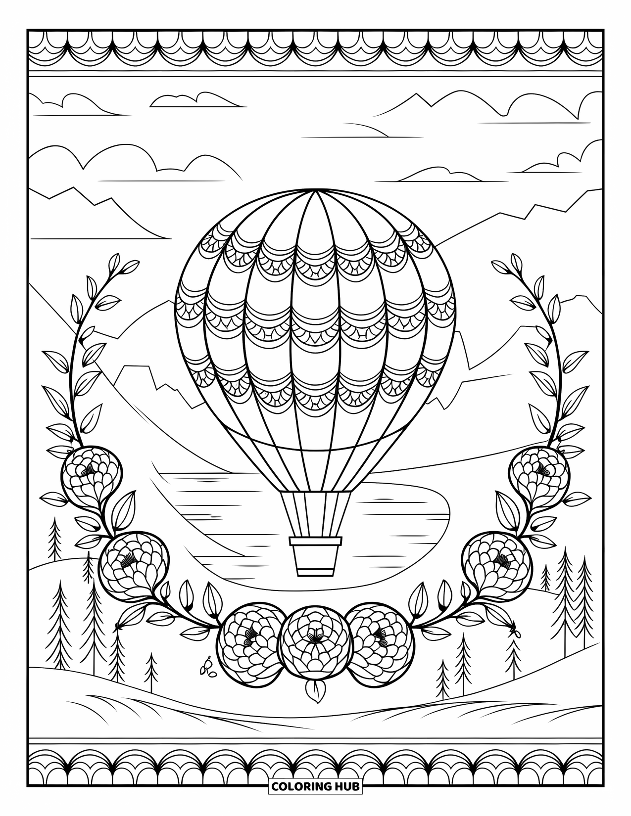 Hot Air Balloon Coloring Page for Adults: A looped balloon rises over camellia blooms and a peaceful mountain landscape