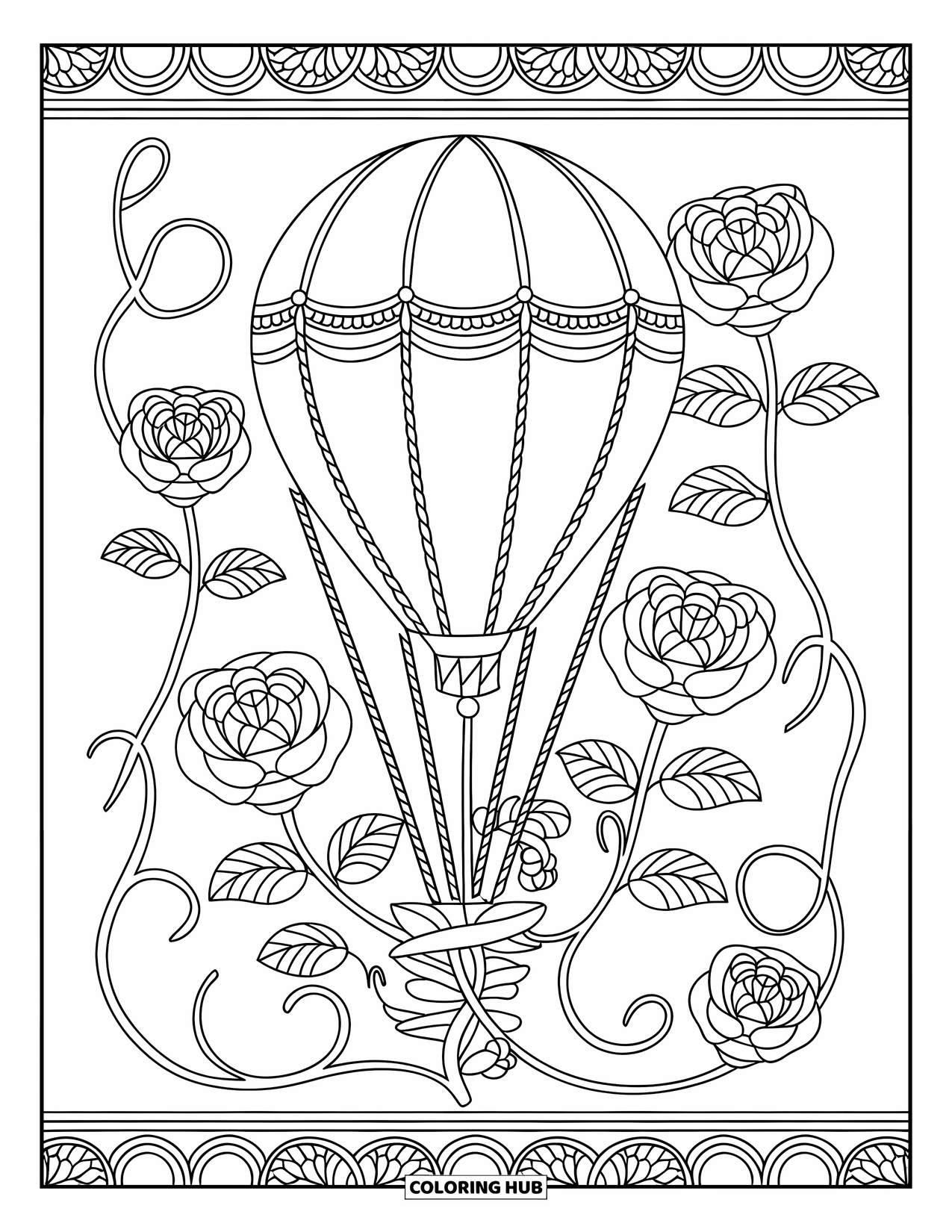 Hot Air Balloon Coloring Page for Adults: A scalloped balloon floats among stained glass roses and swirling vines