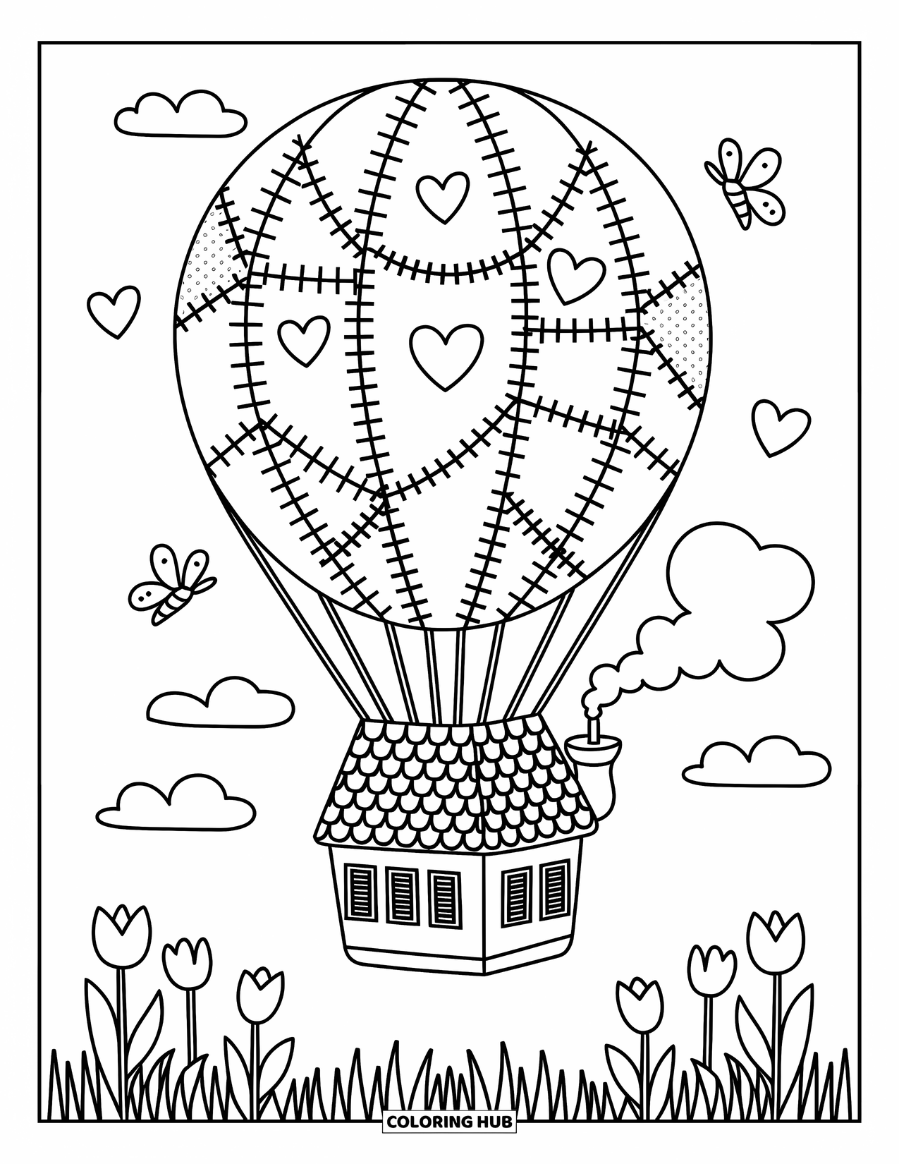Hot Air Balloon Coloring Page for Adults: A stitched balloon with a teapot chimney basket floats gently over a grassy meadow