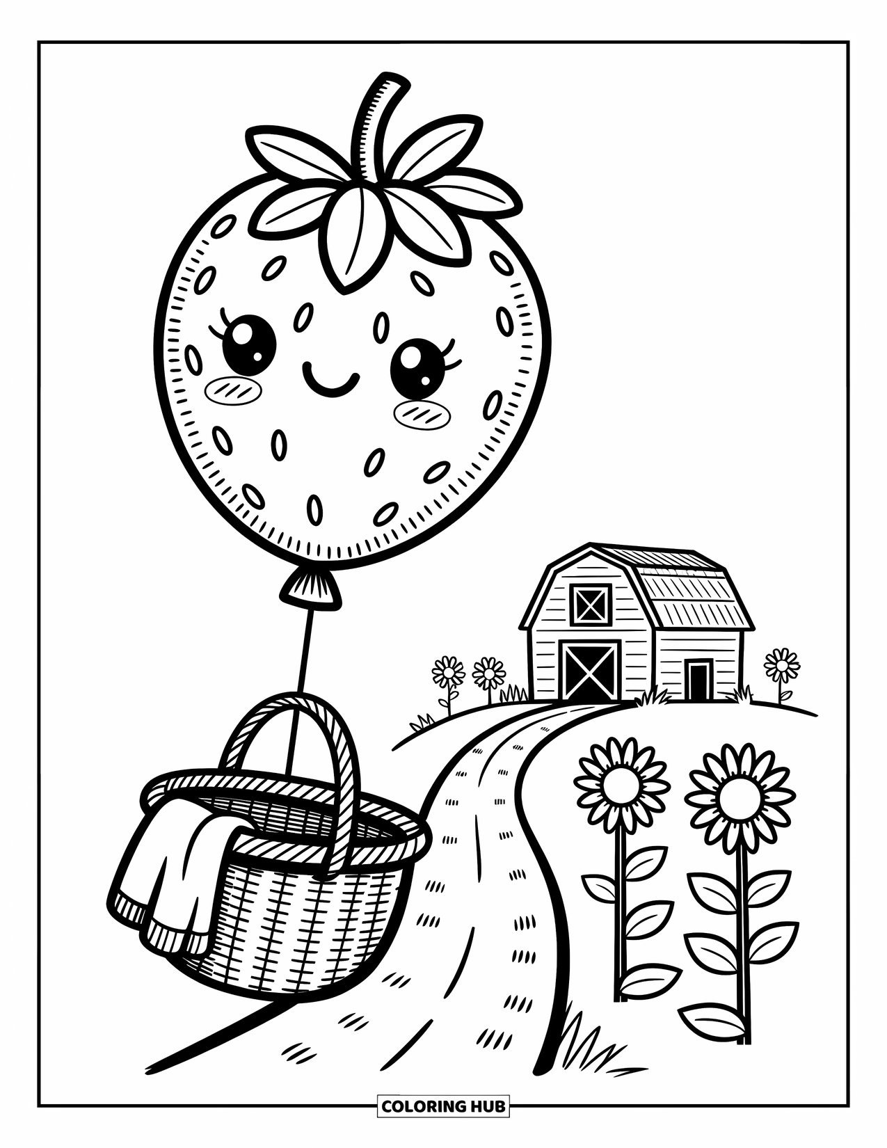 Hot Air Balloon Coloring Page for Adults: A strawberry balloon with leaves and seeds floats over sunflowers and a winding path