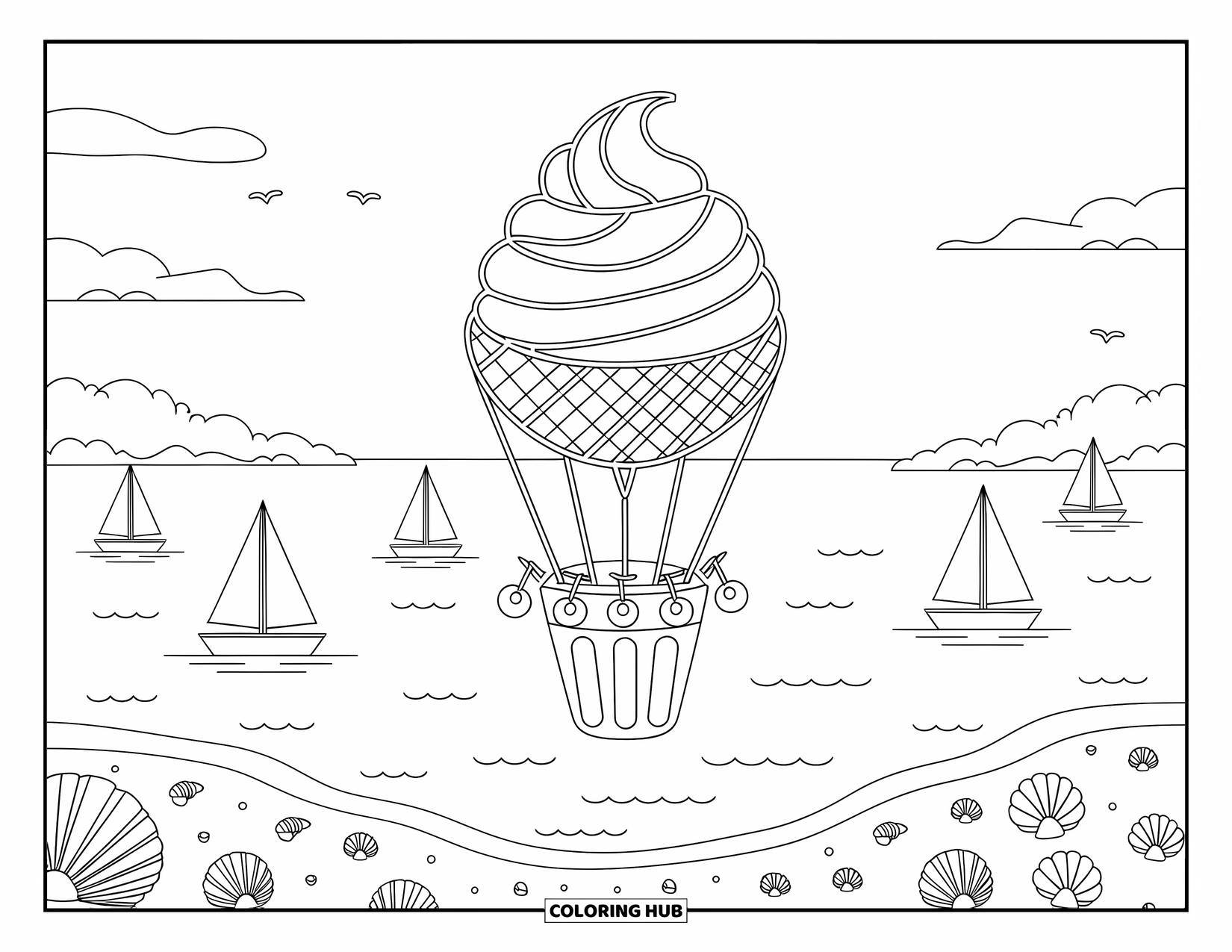 Hot Air Balloon Coloring Page for Adults: A waffle-cone balloon floats above the bay as sailboats and seashells add charm below