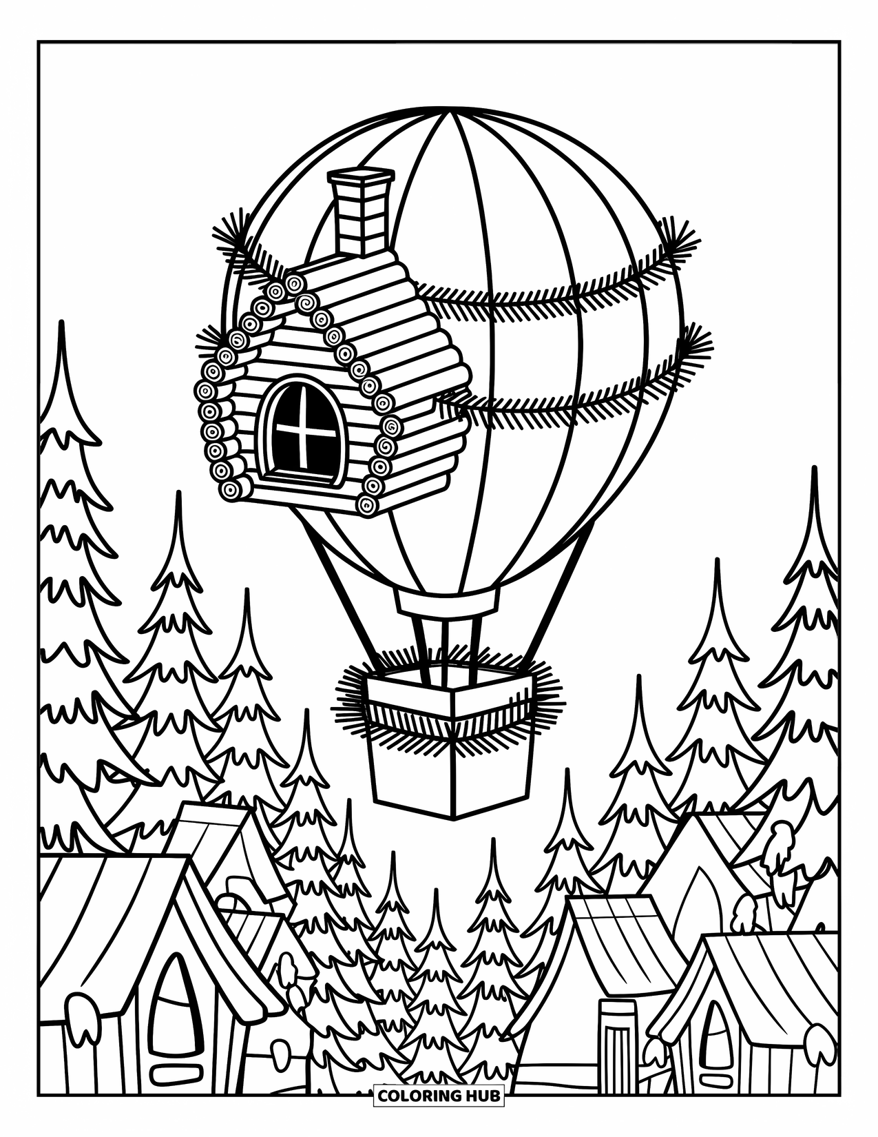 Hot Air Balloon Coloring Page for Adults: A wooden cabin-shaped balloon floats above a forest with leafy panels and tiny shelters