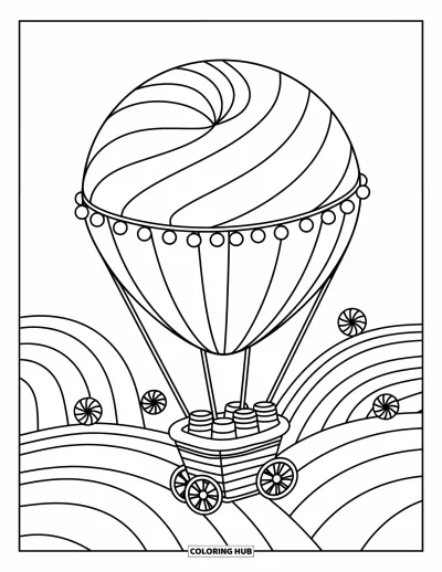 Fargeleggingsark med luftballong for voksne: En godteripakke-ballong med gummidråper stiger over bølgende åser og en godterivogn-kurv