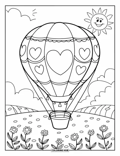 Fargeleggingsark med luftballong for barn: En ballong med hjerteformer flyter over blomster med en smilende sol i nærheten