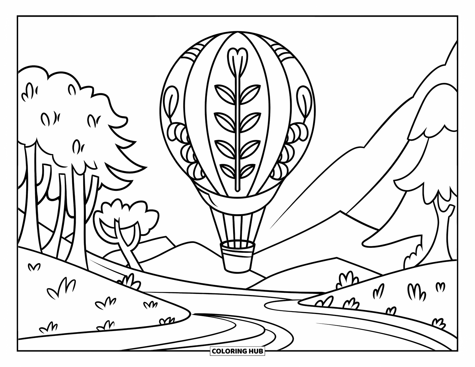 Hot Air Balloon Coloring Page for Kids: A floral balloon with leaves floats gently over a small river and trees