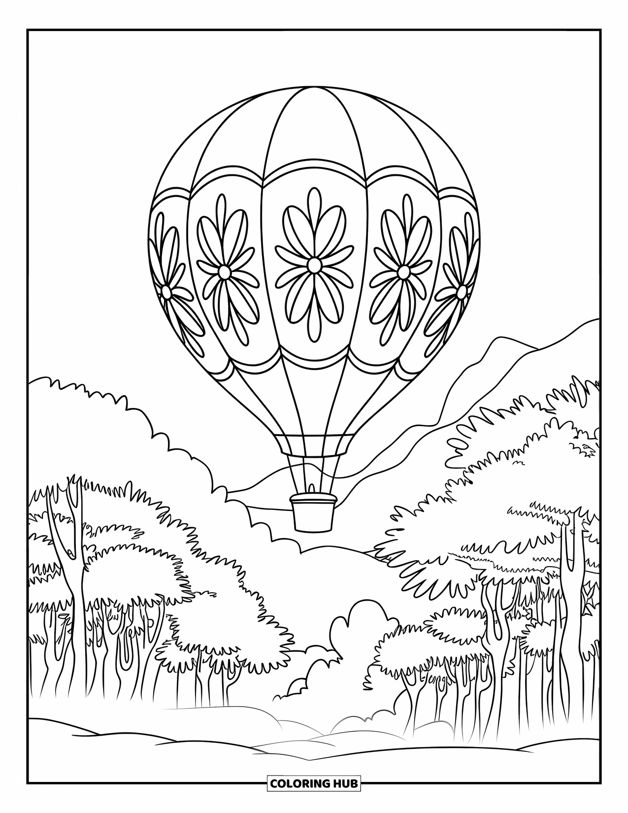 Hot Air Balloon Coloring Page for Kids: A floral-panel hot air balloon rises above a misty forest and tall trees