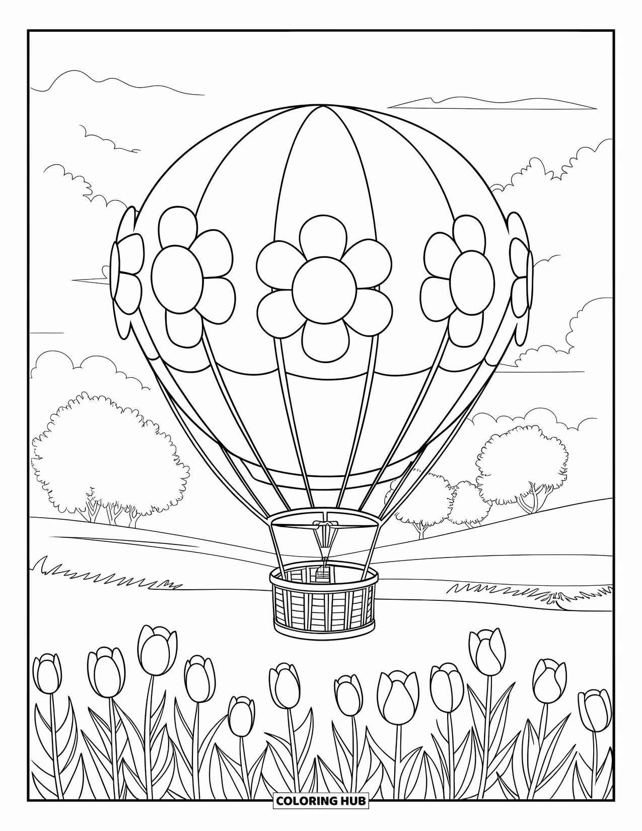 Hot Air Balloon Coloring Page for Kids: A flower-panel balloon with a basket floats above tulips and cloudy skies