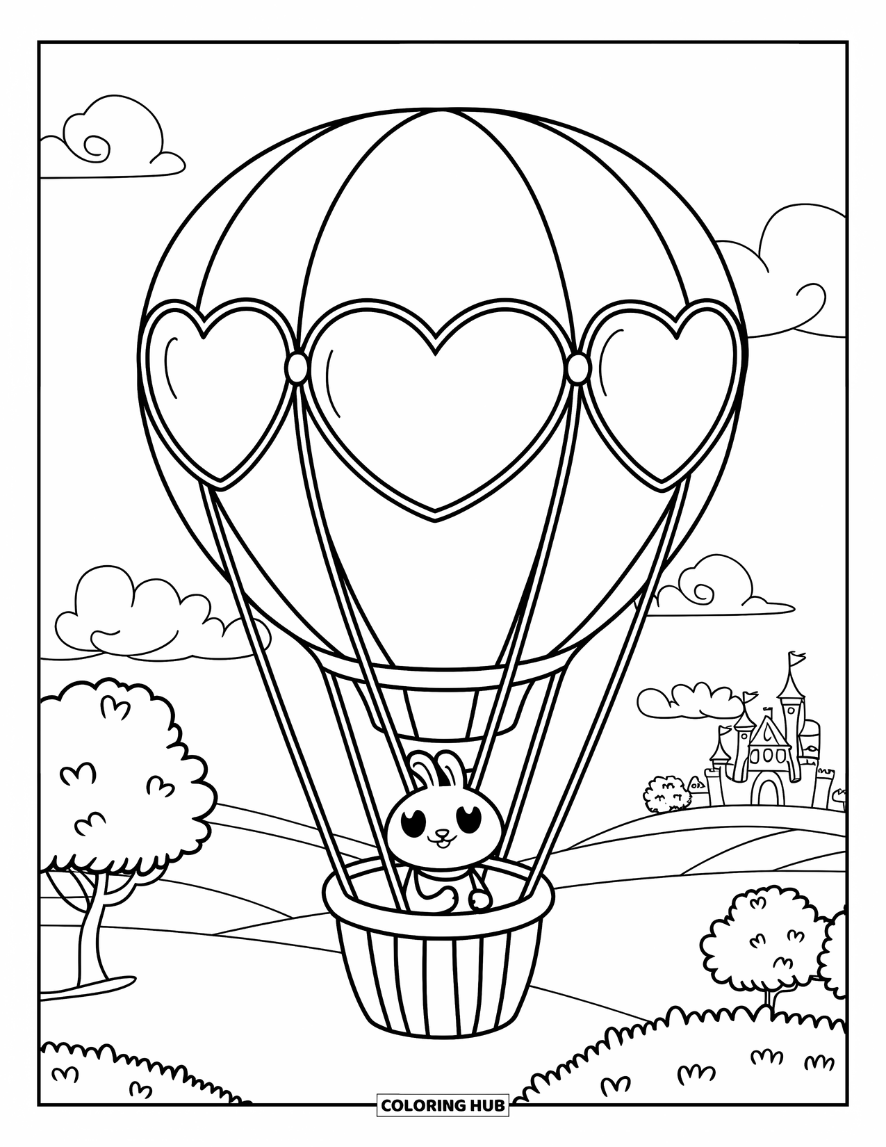Hot Air Balloon Coloring Page for Kids: A heart-panel balloon with a bunny inside floats near trees, clouds, and a castle