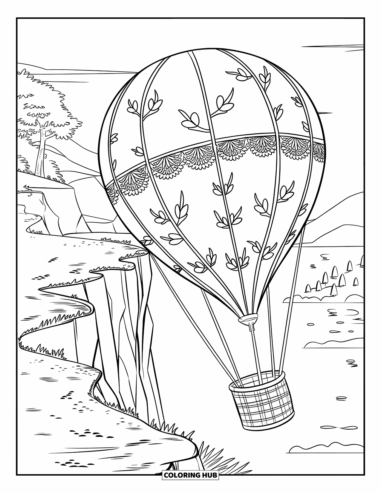 Hot Air Balloon Coloring Page for Kids: A lacy balloon with vines floats near a cliff overlooking peaceful nature