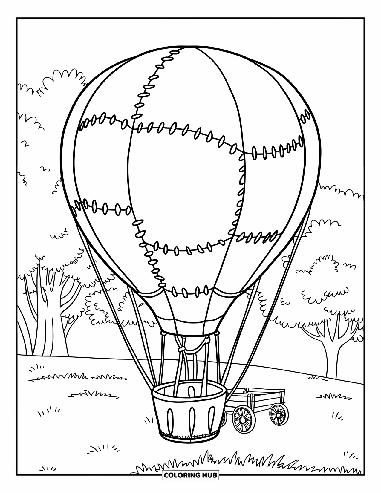 Hot Air Balloon Coloring Page for Kids: A patchwork hot air balloon floats above grassy fields and scattered trees