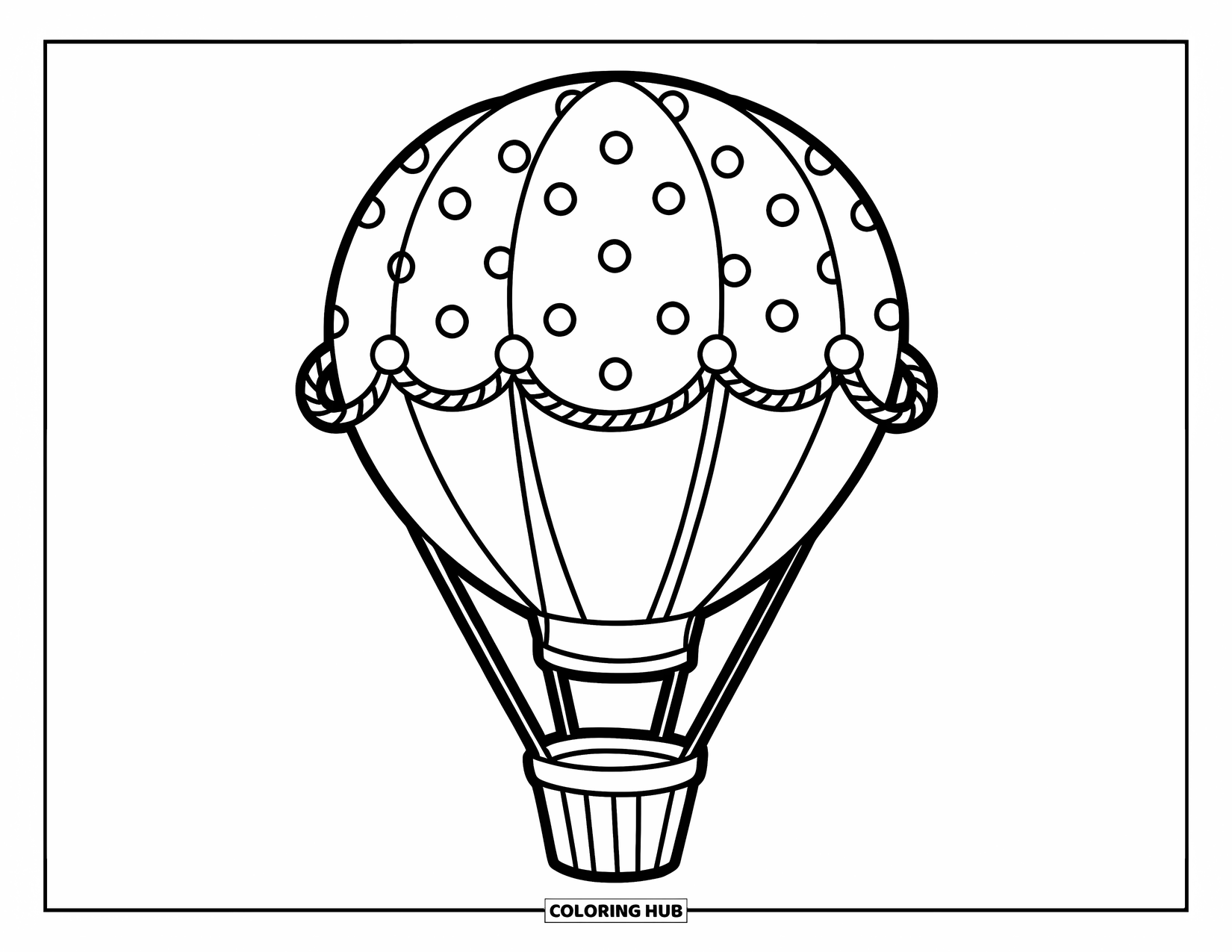 Hot Air Balloon Coloring Page for Kids: A polka-dot balloon floats gently in the sky with wide, simple shapes