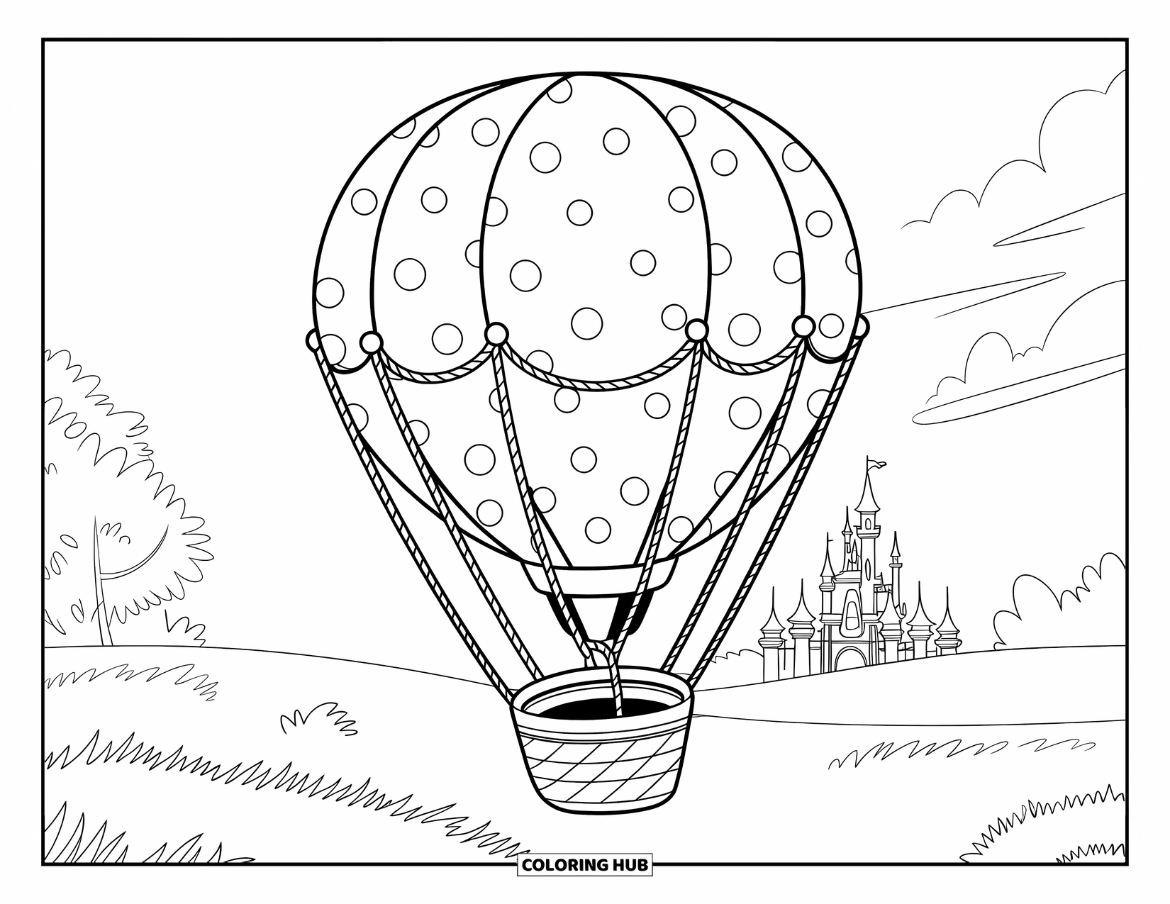 Hot Air Balloon Coloring Page for Kids: A polka-dot balloon rises over grassy fields with trees and a castle behind