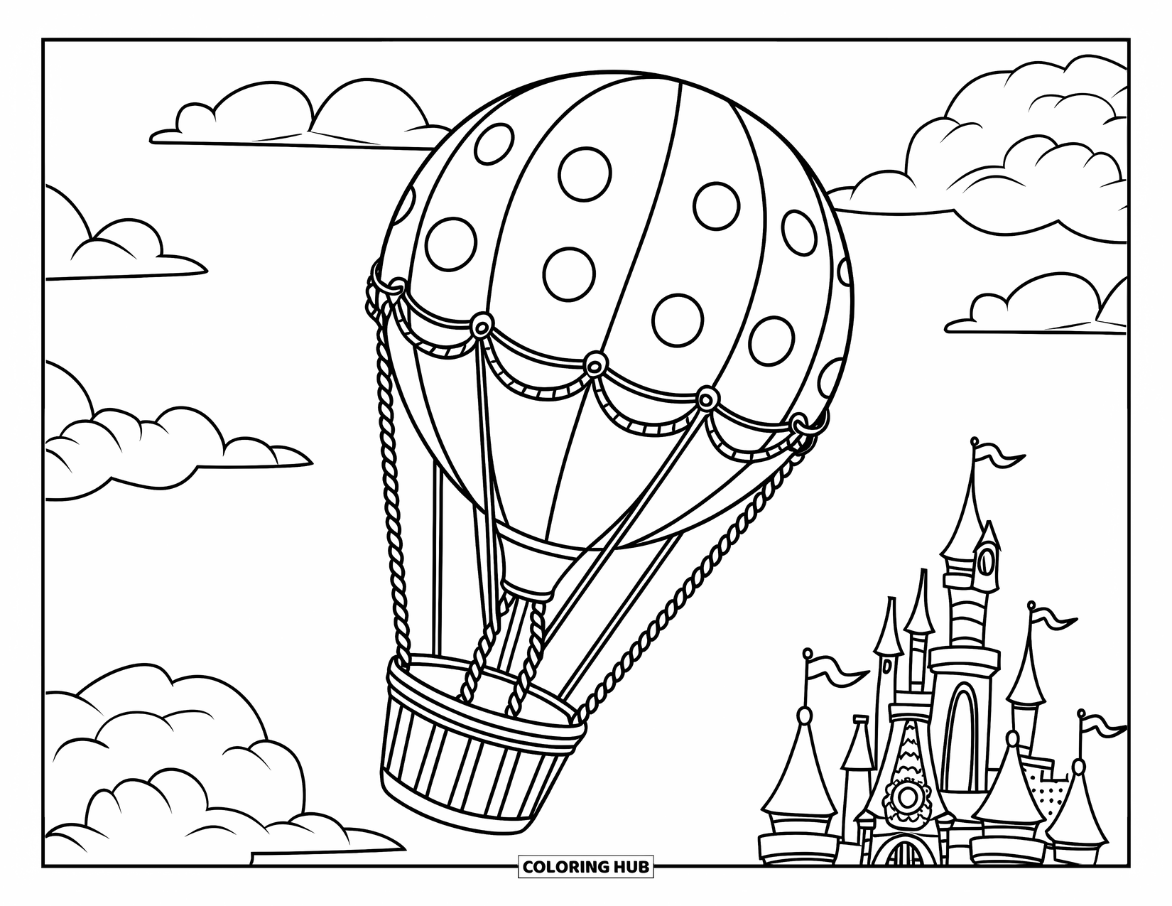 Hot Air Balloon Coloring Page for Kids: A polka-dot balloon with thick ropes floats high above a dreamy castle
