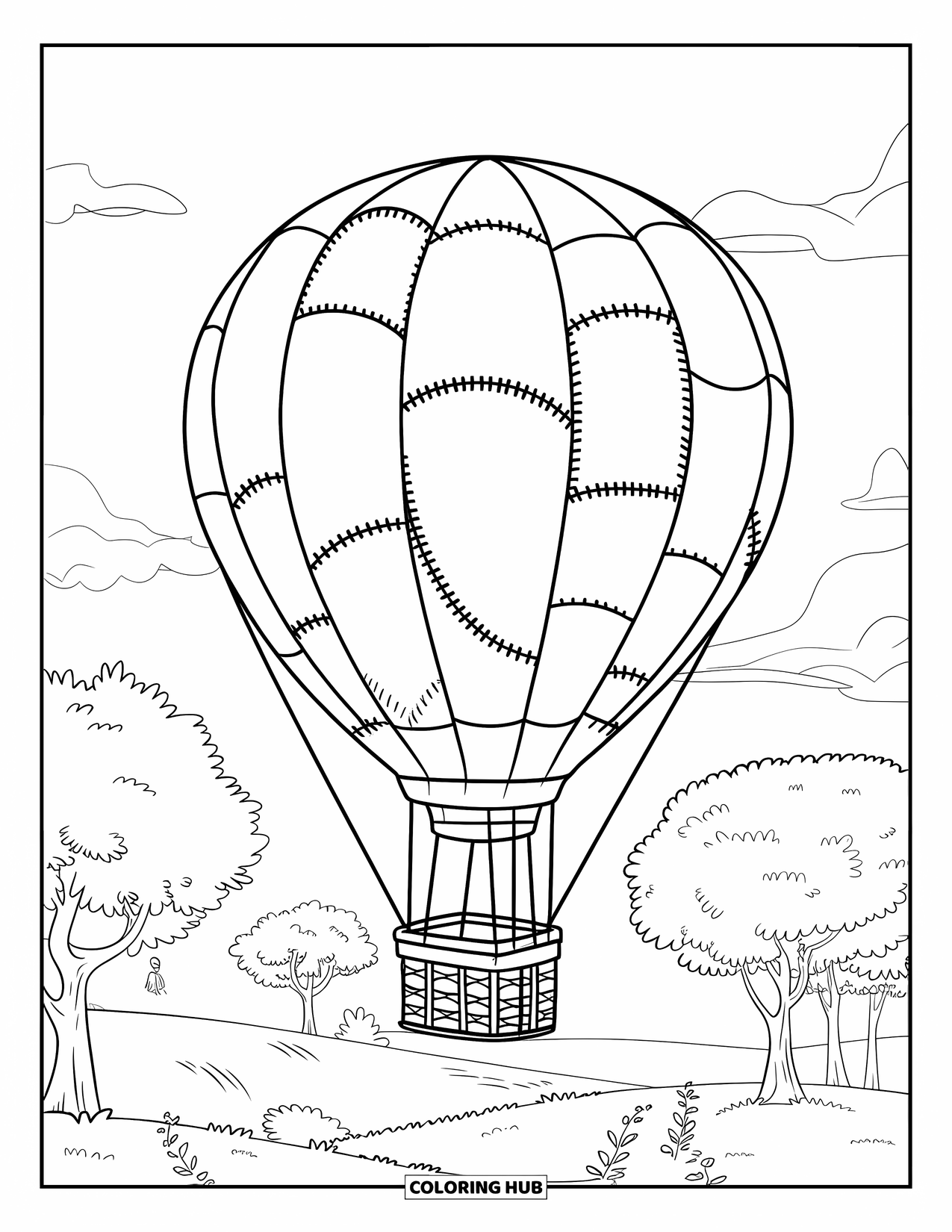 Hot Air Balloon Coloring Page for Kids: A stitched patchwork balloon with a wooden basket rises over a tree-filled field
