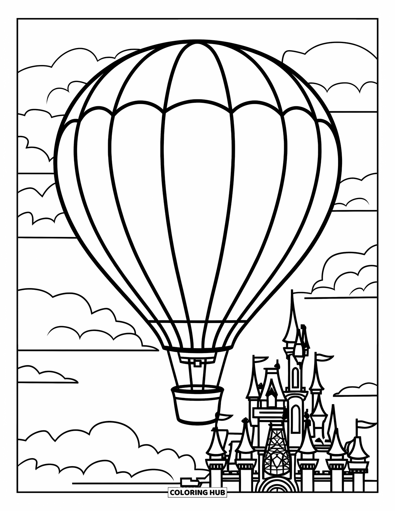 Hot Air Balloon Coloring Page for Kids: A striped balloon floats above a castle with fluffy clouds all around