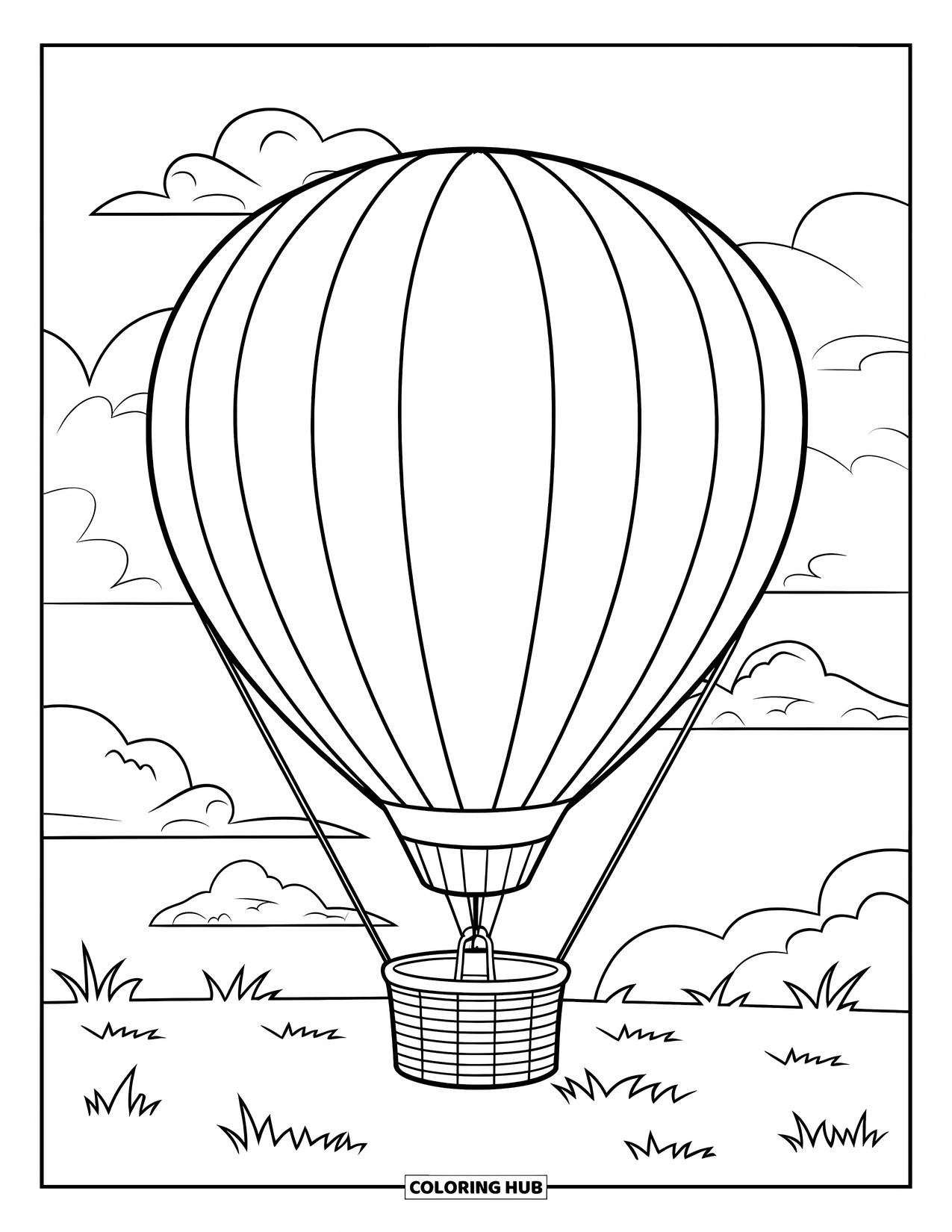 Hot Air Balloon Coloring Page for Kids: A striped balloon is tied to a basket on grassy ground under a cloudy sky