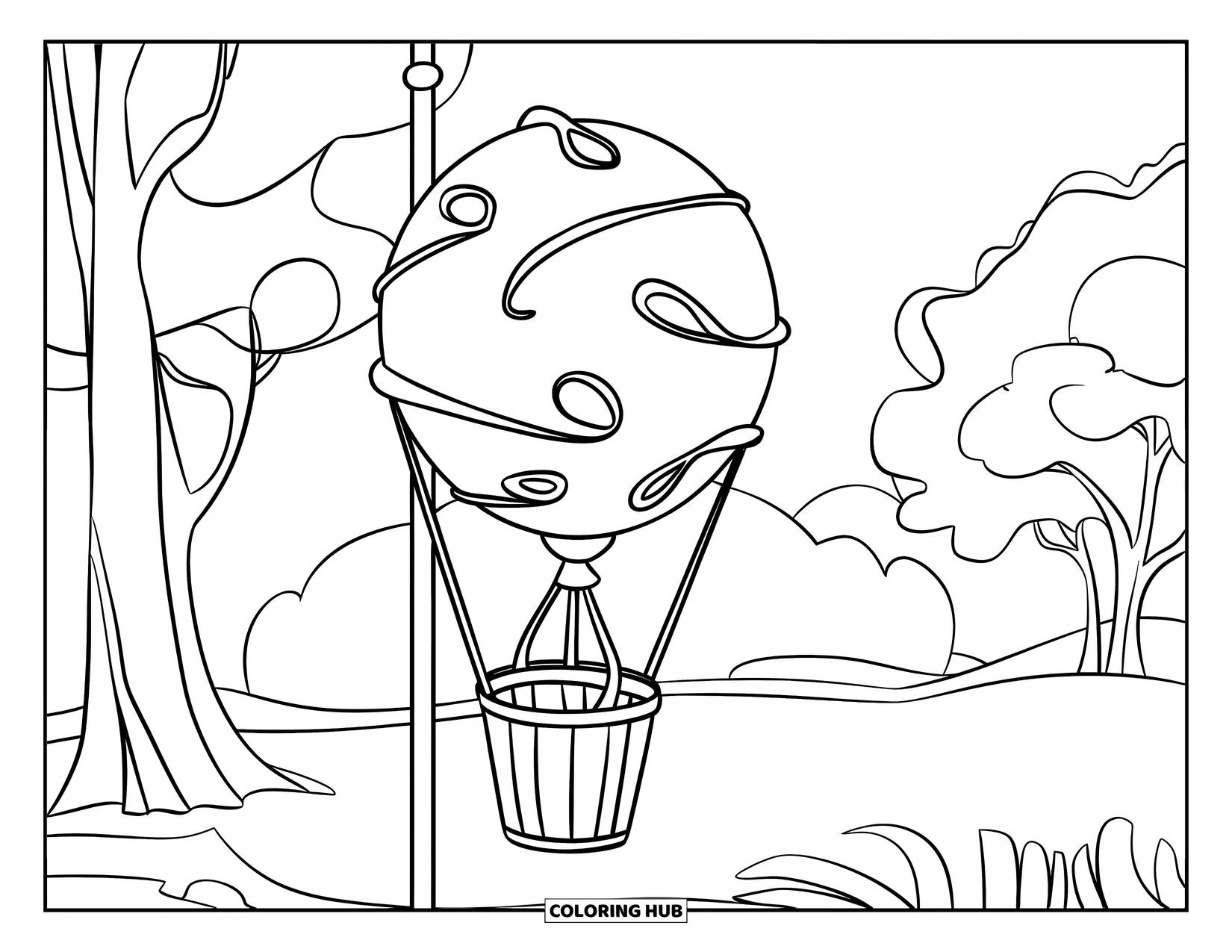 Hot Air Balloon Coloring Page for Kids: A swirl-pattern balloon is tied near a bridge and some peaceful trees