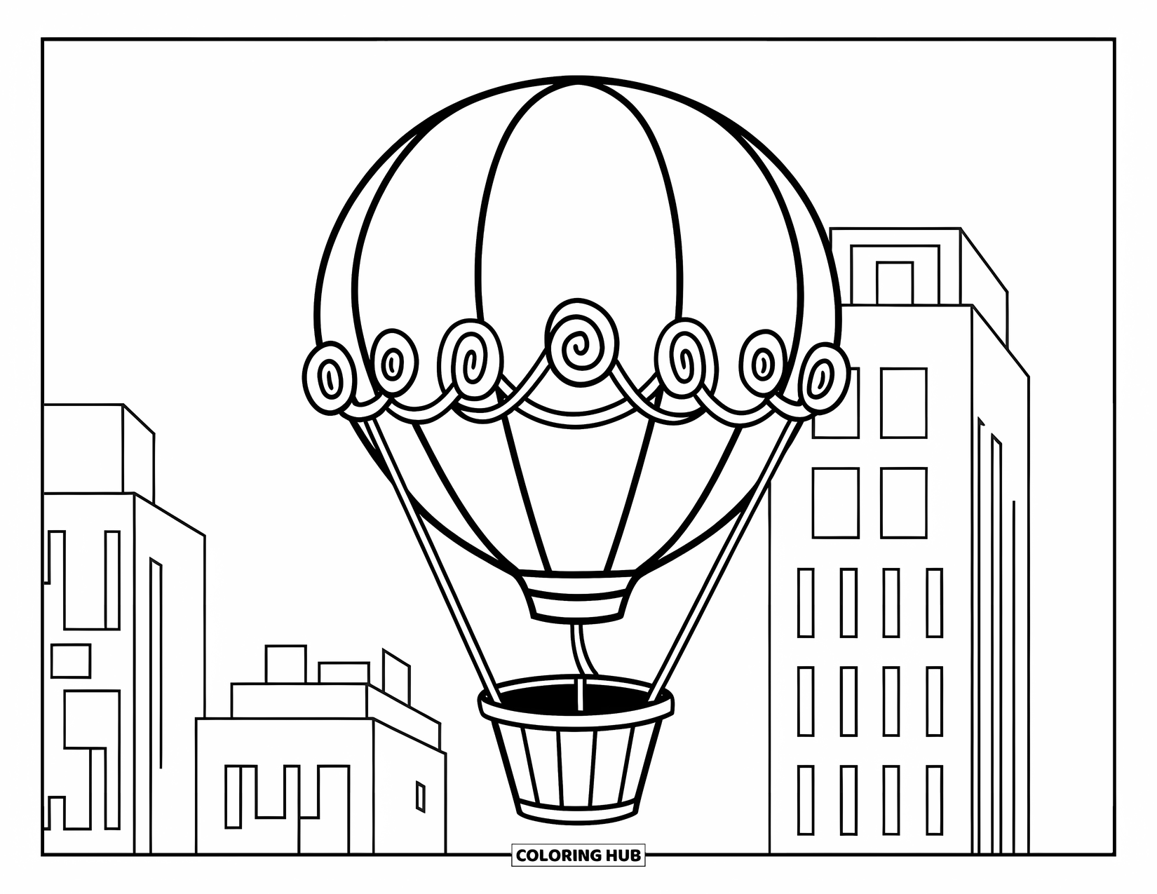 Hot Air Balloon Coloring Page for Kids: A swirly balloon with a bucket basket floats near tall buildings and a wooden pole