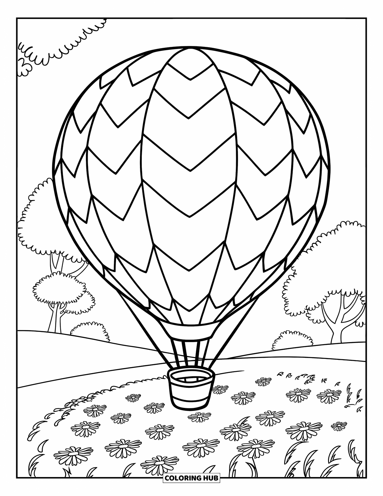 Hot Air Balloon Coloring Page for Kids: A zigzag balloon with a basket floats above a flowery field and some trees