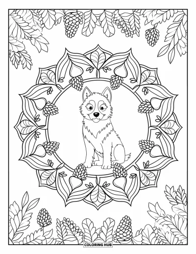 Coloriage de chiot husky pour adultes : Un chiot serein se repose dans un mandala forestier avec des détails de pins
