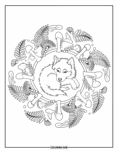 Coloriage de chiot husky pour adultes : Un husky lové dans un mandala de champignons, de fougères et de galets