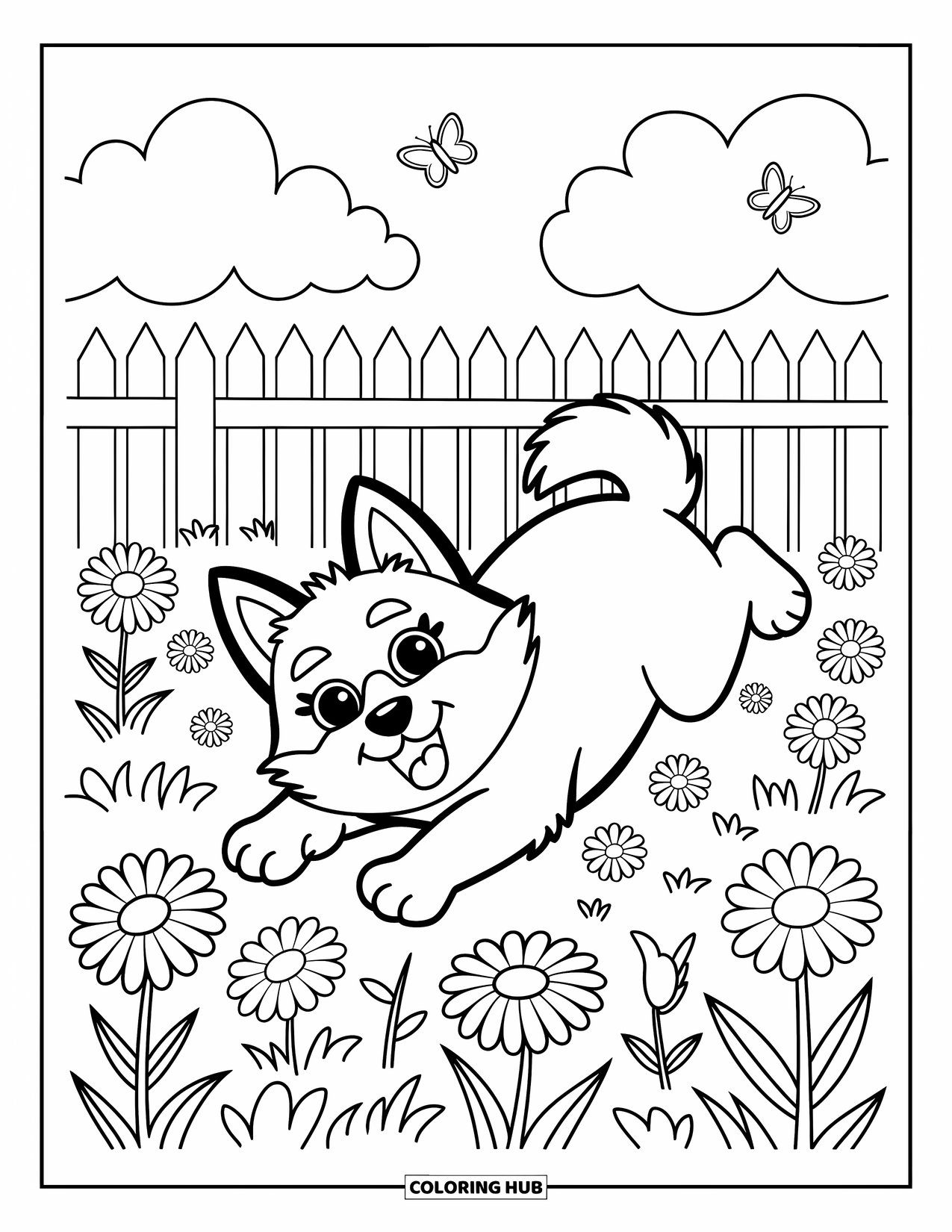 Husky Puppy Coloring Page for Adults: Happy husky tumbles among flowers and butterflies in a cozy field