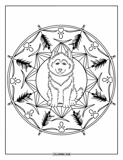Coloriage de chiot husky pour adultes : Un husky dans un mandala rempli de tourbillons de vent, d'empreintes de pattes et de sapins