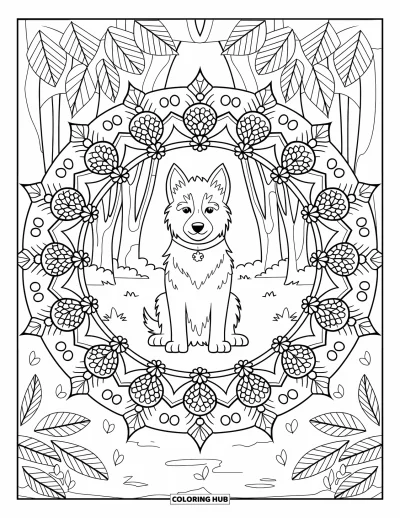 Coloriage de chiot husky pour adultes : Un husky dans un mandala de pommes de pin avec des arbres et un sentier forestier