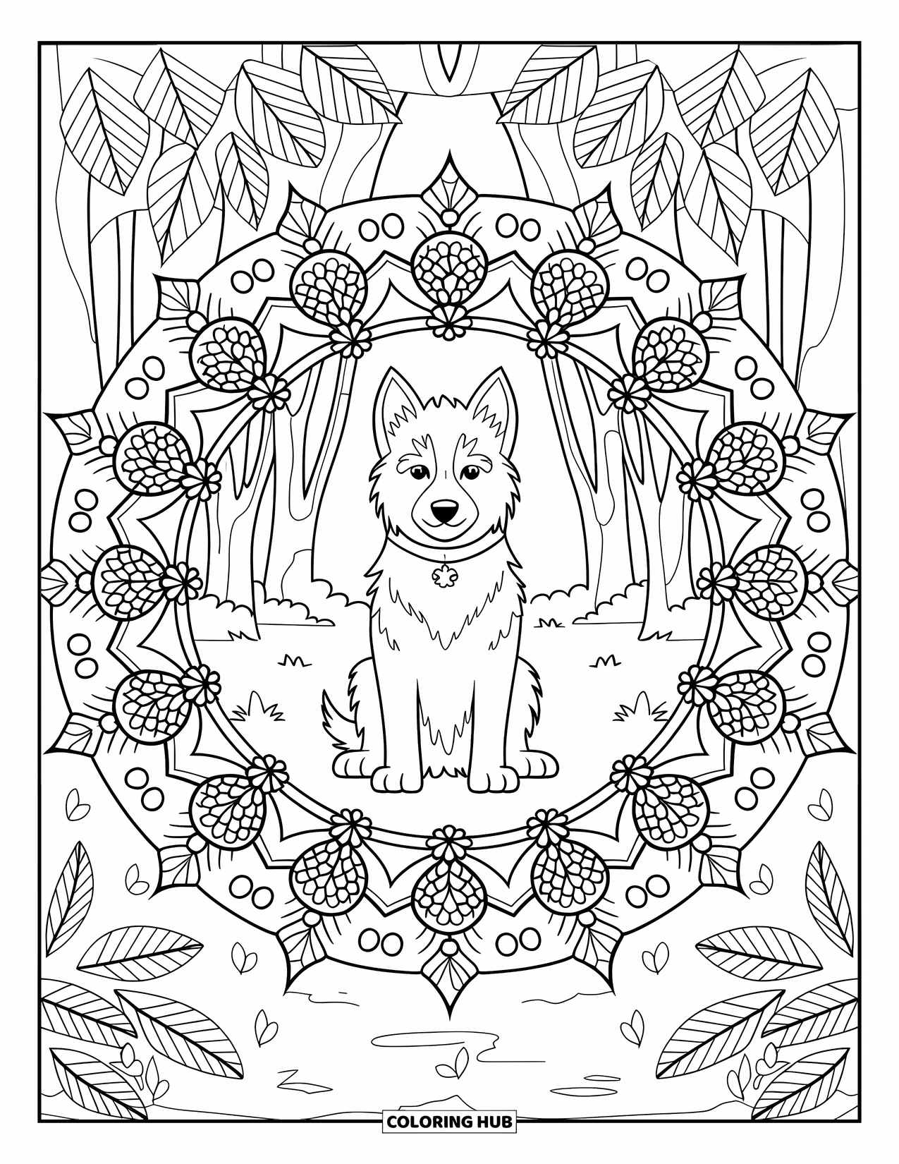 Husky Puppy Coloring Page for Adults: Husky in a pinecone mandala with trees and a forest path