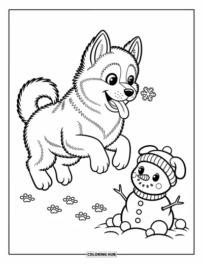 Coloriage de chiot husky pour adultes : Un husky saute dans la neige en attrapant un flocon sur son museau près d'un bonhomme de neige aux oreilles de chien