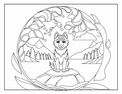 Coloriage de chiot husky pour adultes : Un husky sur un rocher dans un dôme de vitrail près des montagnes et du ciel