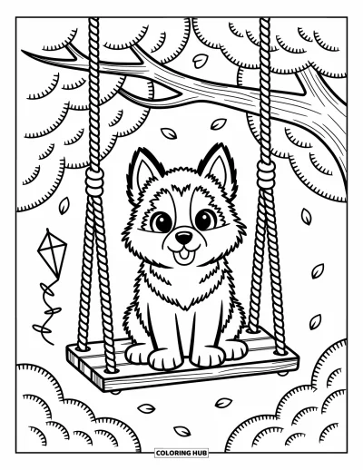 Coloriage de chiot husky pour adultes : Un husky sur une balançoire sous de doux arbres avec un cerf-volant dans les branches