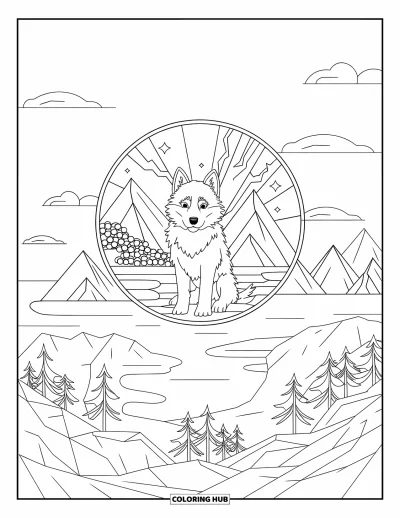 Coloriage de chiot husky pour adultes : Un husky sur des rochers dans un cercle de vitrail montagnard sous les nuages