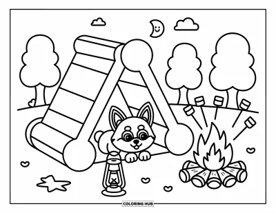 Coloriage de chiot husky pour adultes : Un husky émerge d'une tente en forme d'os avec une lanterne et un feu de camp