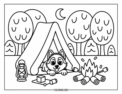 Coloriage de chiot husky pour adultes : Un chiot husky se repose sous une tente avec un feu, des arbres et une lune souriante