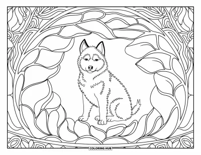 Coloriage de chiot husky pour adultes : Un chiot husky assis sous un dôme forestier en vitrail aux formes ondoyantes